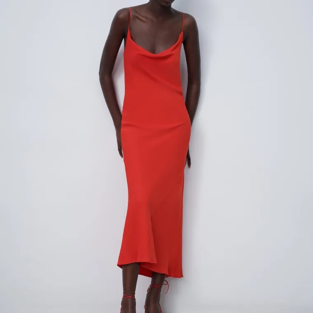 Zara Lingerie Style Satin MIDI Dress Red XS